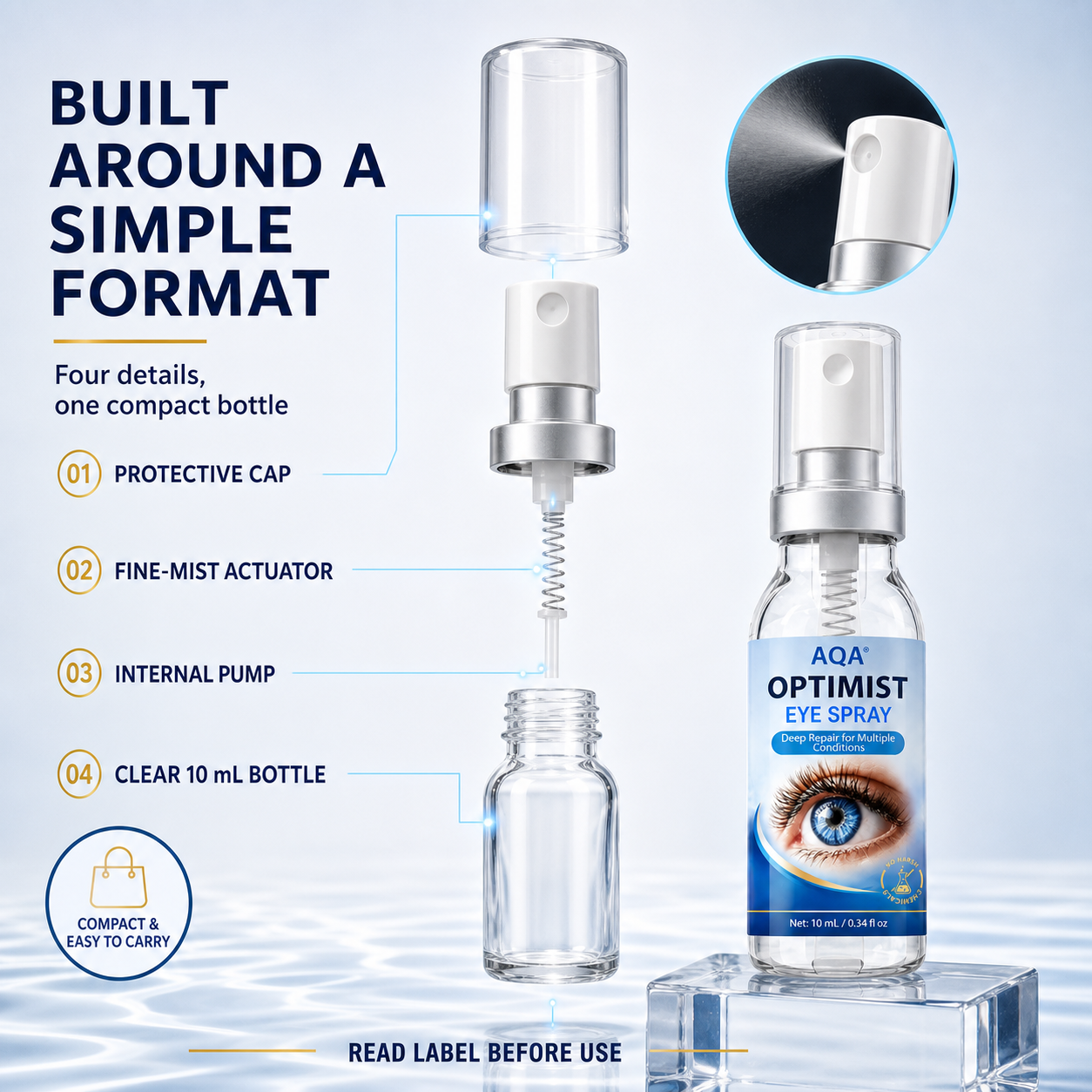 AQA Optimist Eye Spray cap pump and 10 mL bottle format