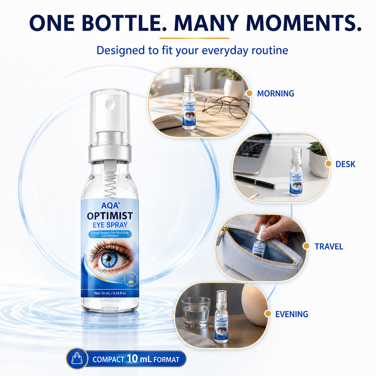 AQA Optimist Eye Spray in morning desk travel and evening routines