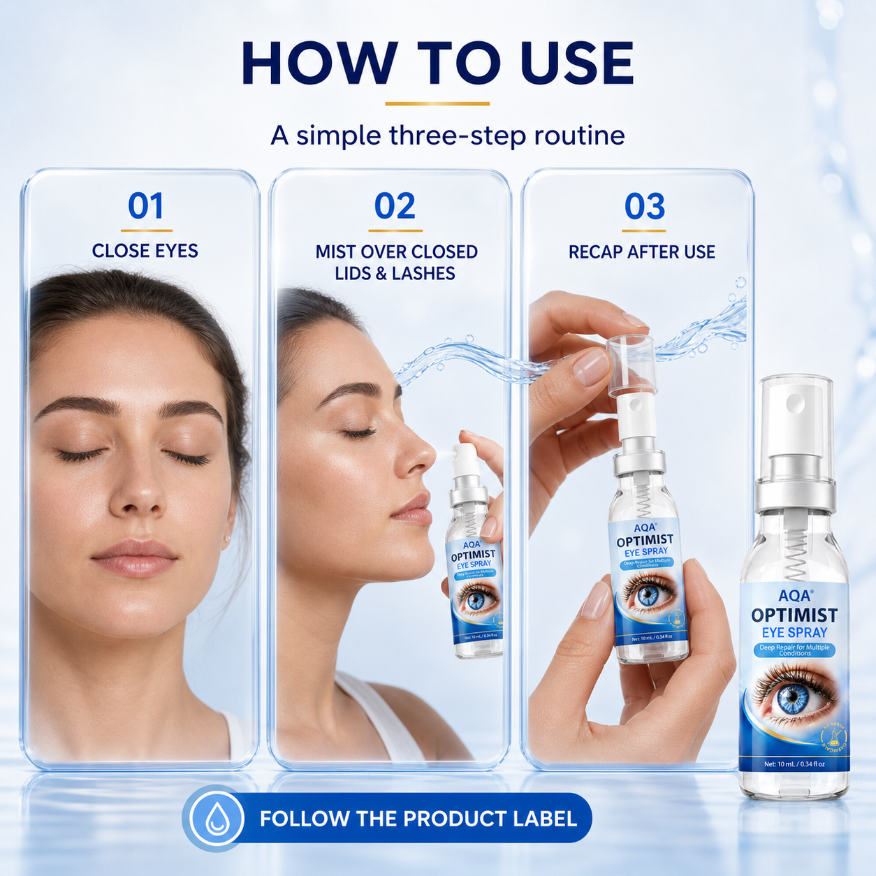 Three-step closed-eye routine for AQA Optimist Eye Spray