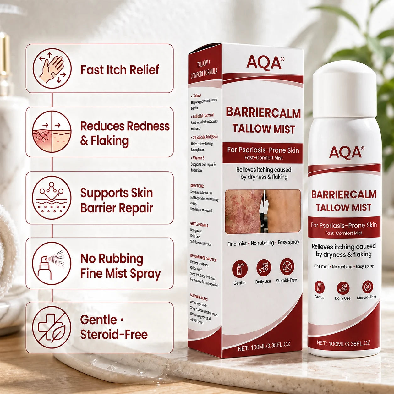 AQA® Beef Tallow Skin Spray – Deep Moisture for Itchy, Flaky, Very Dry & Psoriasis-Prone Skin – Easy Mess-Free Body Moisturizer