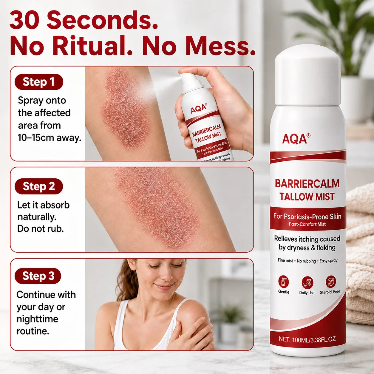 AQA® Beef Tallow Skin Spray – Deep Moisture for Itchy, Flaky, Very Dry & Psoriasis-Prone Skin – Easy Mess-Free Body Moisturizer