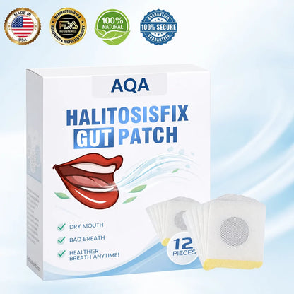 AQA HalitosisFix Gut Patch product box and patch sachets