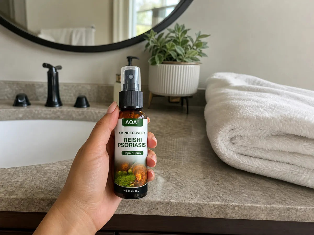 AQA SkinRecovery bottle held beside a bathroom sink