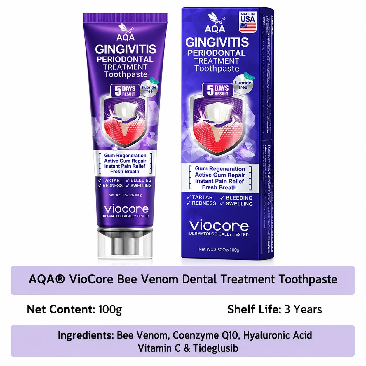 AQA VioCore toothpaste and carton with product specifications