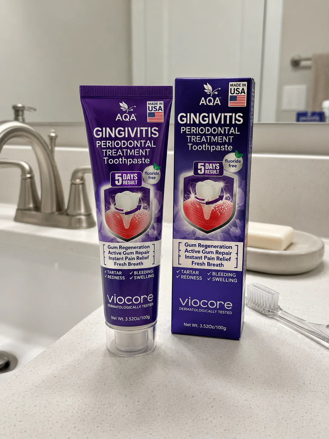 AQA VioCore toothpaste and box displayed on a bathroom counter