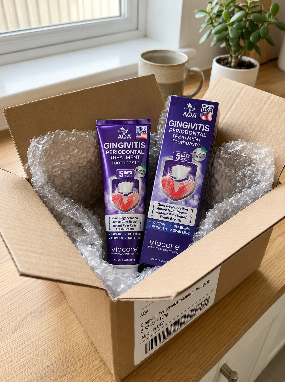 AQA VioCore toothpaste and box inside shipping packaging